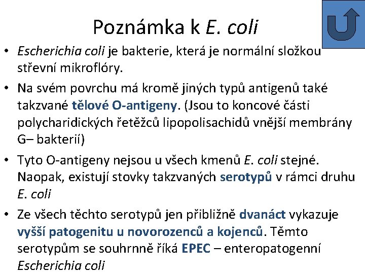 Poznámka k E. coli • Escherichia coli je bakterie, která je normální složkou střevní