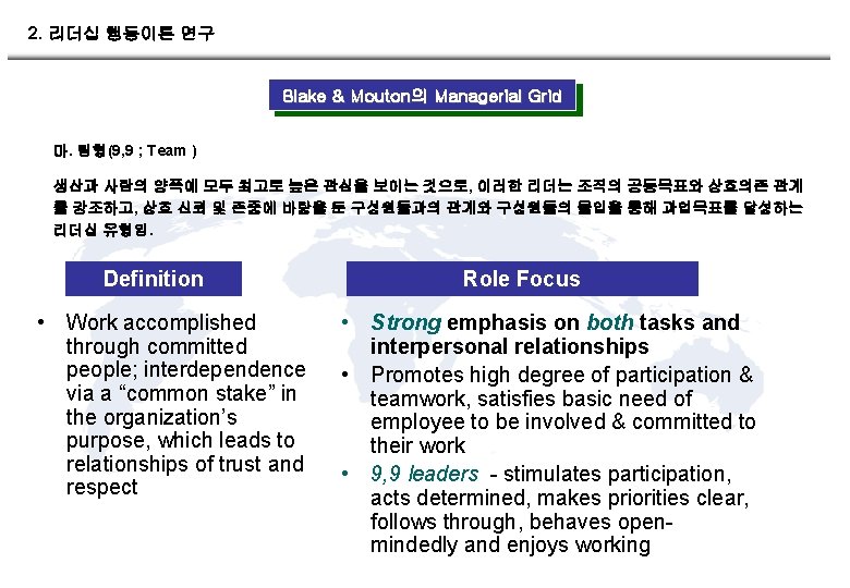 2. 리더십 행동이론 연구 Blake & Mouton의 Managerial Grid 마. 팀형(9, 9 ; Team