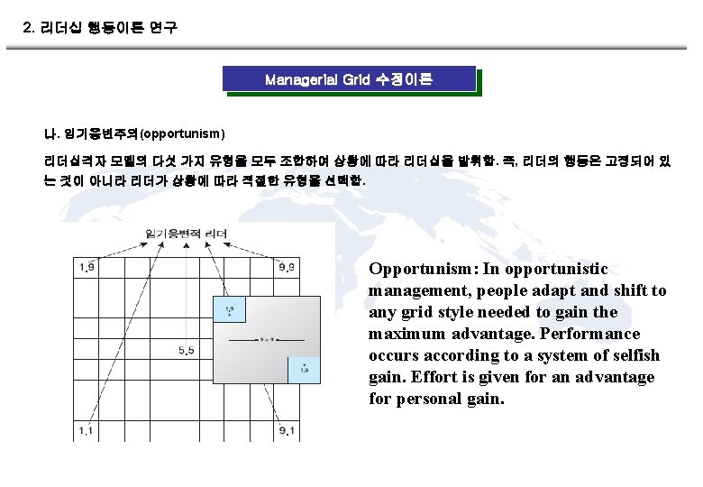 2. 리더십 행동이론 연구 Managerial Grid 수정이론 나. 임기응변주의(opportunism) 리더십격자 모델의 다섯 가지 유형을