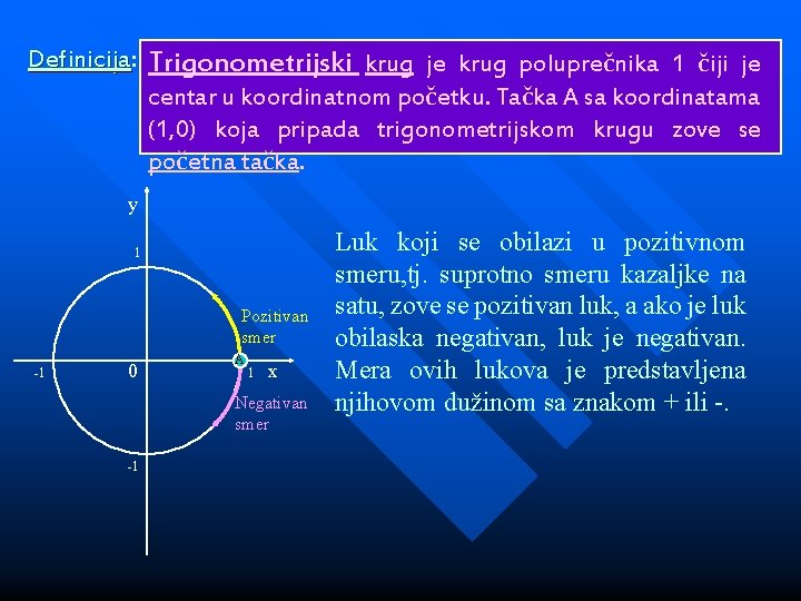 Definicija: Definicija Trigonometrijski krug je krug poluprečnika 1 čiji je centar u koordinatnom početku.