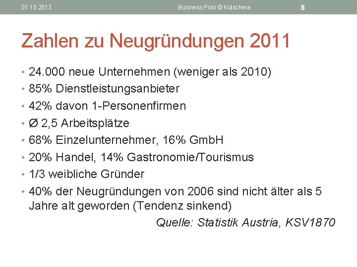 01. 10. 2013 Business Plan © Kutschera 8 Zahlen zu Neugründungen 2011 • 24.