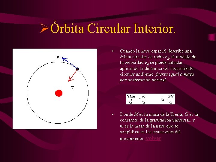 ØÓrbita Circular Interior. • Cuando la nave espacial describe una órbita circular de radio