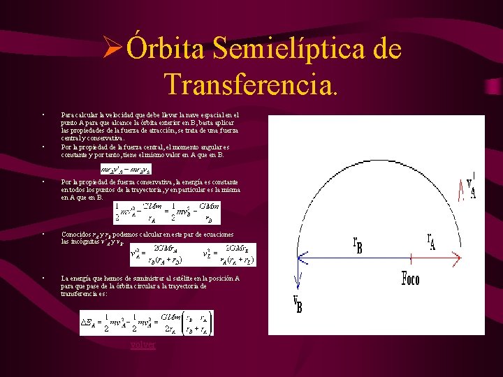 ØÓrbita Semielíptica de Transferencia. • • Para calcular la velocidad que debe llevar la