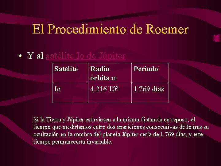 El Procedimiento de Roemer • Y al satélite Io de Júpiter Satélite Io Radio