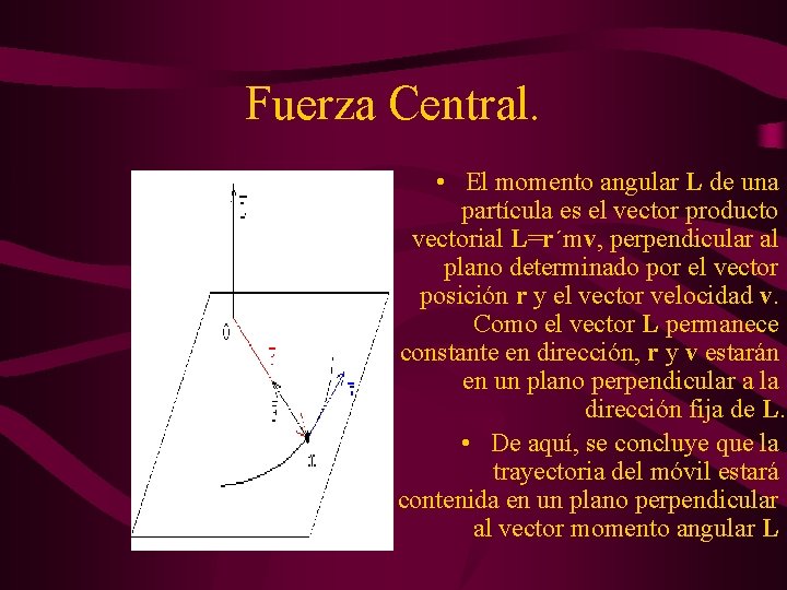 Fuerza Central. • El momento angular L de una partícula es el vector producto