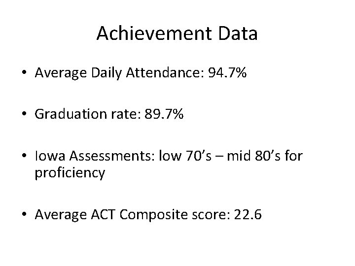 Achievement Data • Average Daily Attendance: 94. 7% • Graduation rate: 89. 7% •