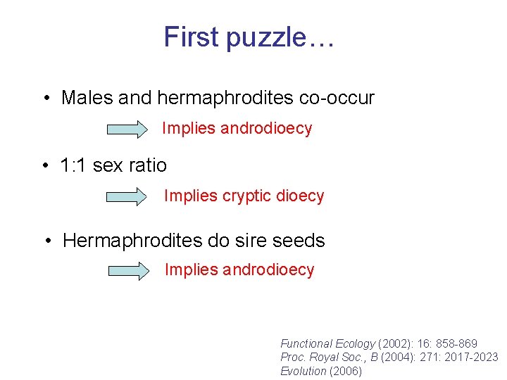 First puzzle… • Males and hermaphrodites co-occur Implies androdioecy • 1: 1 sex ratio