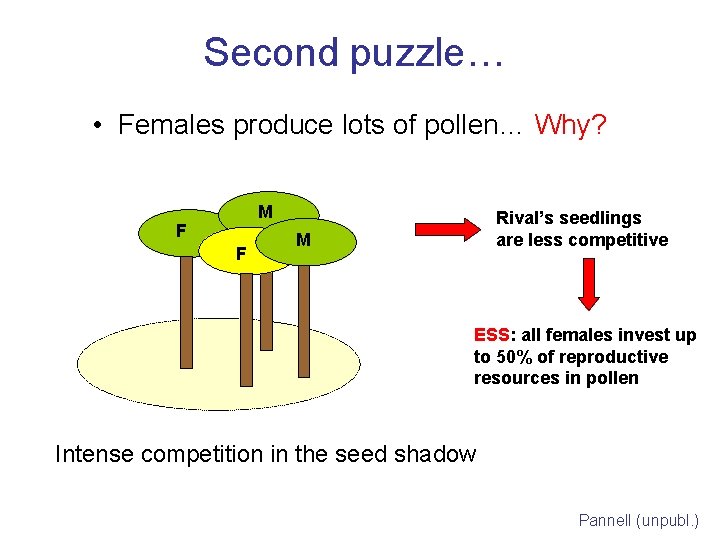 Second puzzle… • Females produce lots of pollen… Why? M F F Rival’s seedlings