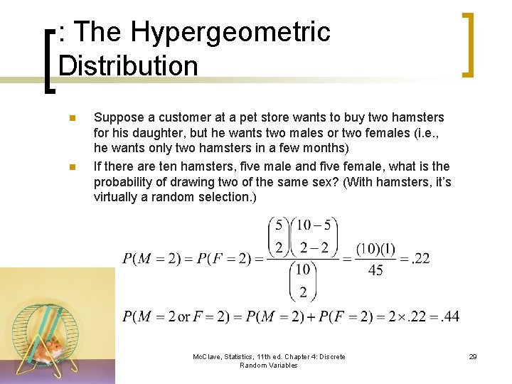 : The Hypergeometric Distribution n n Suppose a customer at a pet store wants