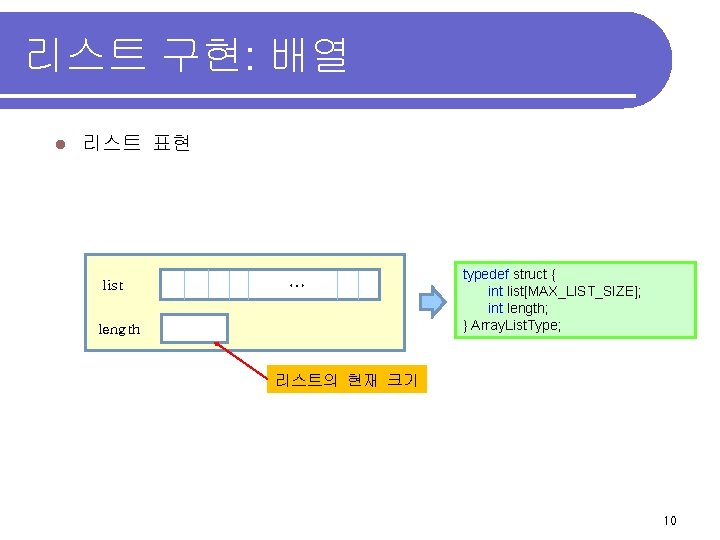 리스트 구현: 배열 l 리스트 표현 list … length typedef struct { int list[MAX_LIST_SIZE];