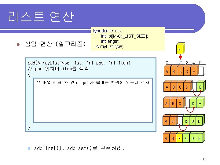 리스트 연산 l 삽입 연산 (알고리즘) typedef struct { int list[MAX_LIST_SIZE]; int length; }