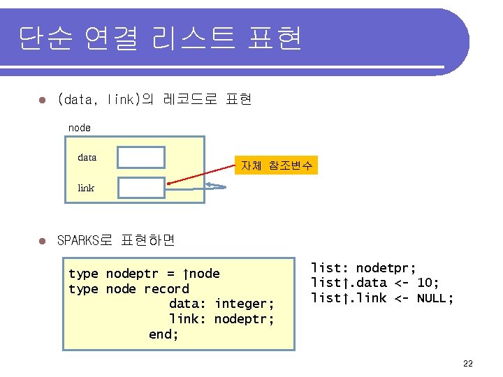 단순 연결 리스트 표현 l (data, link)의 레코드로 표현 node data 자체 참조변수 link
