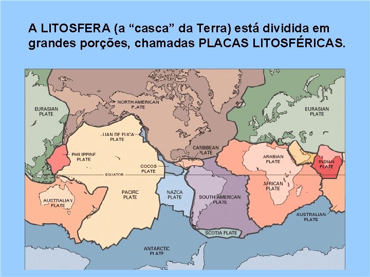 A LITOSFERA (a “casca” da Terra) está dividida em grandes porções, chamadas PLACAS LITOSFÉRICAS.