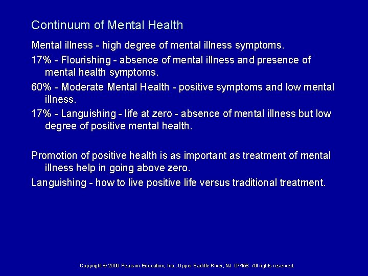 Continuum of Mental Health Mental illness - high degree of mental illness symptoms. 17%