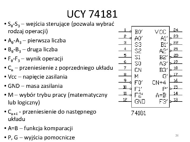 UCY 74181 • S 0 -S 3 – wejścia sterujące (pozwala wybrać rodzaj operacji)