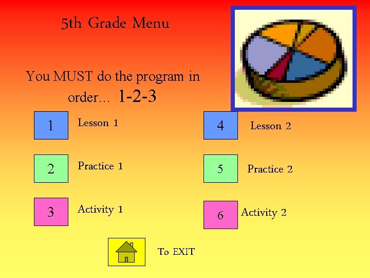 5 th Grade Menu You MUST do the program in order… 1 -2 -3