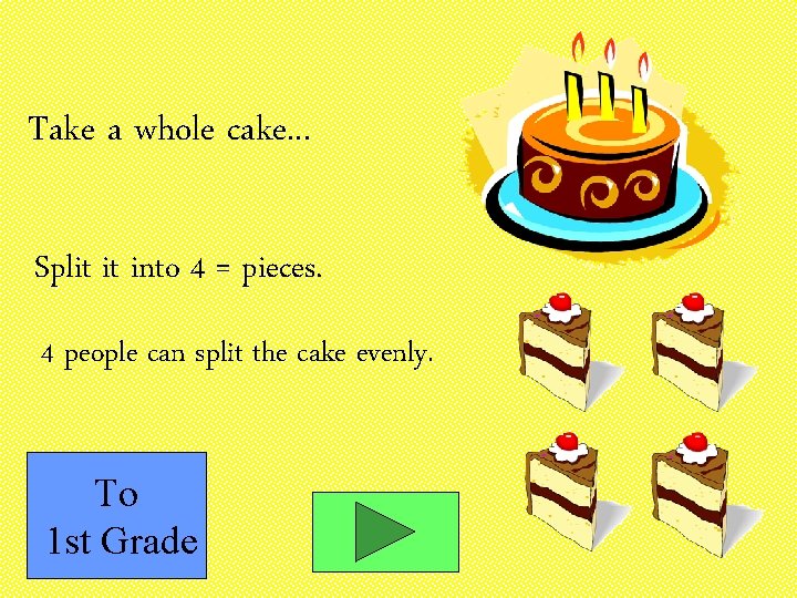 Take a whole cake. . . Split it into 4 = pieces. 4 people