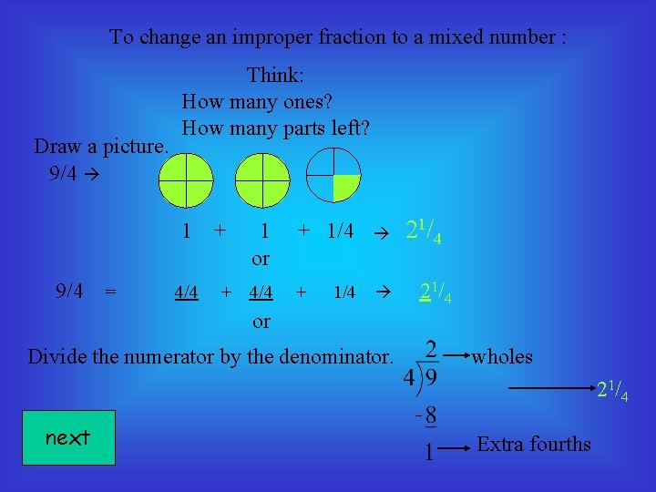 To change an improper fraction to a mixed number : Draw a picture. 9/4