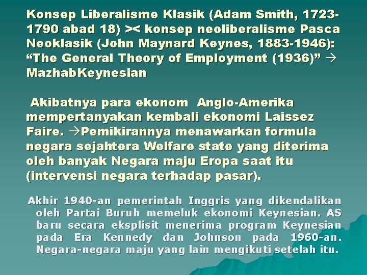 Konsep Liberalisme Klasik (Adam Smith, 17231790 abad 18) >< konsep neoliberalisme Pasca Neoklasik (John