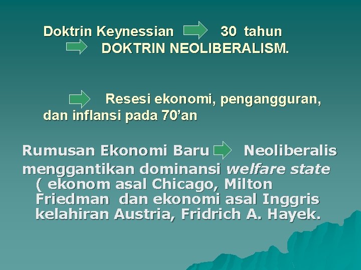 Doktrin Keynessian 30 tahun DOKTRIN NEOLIBERALISM. Resesi ekonomi, pengangguran, dan inflansi pada 70’an Rumusan