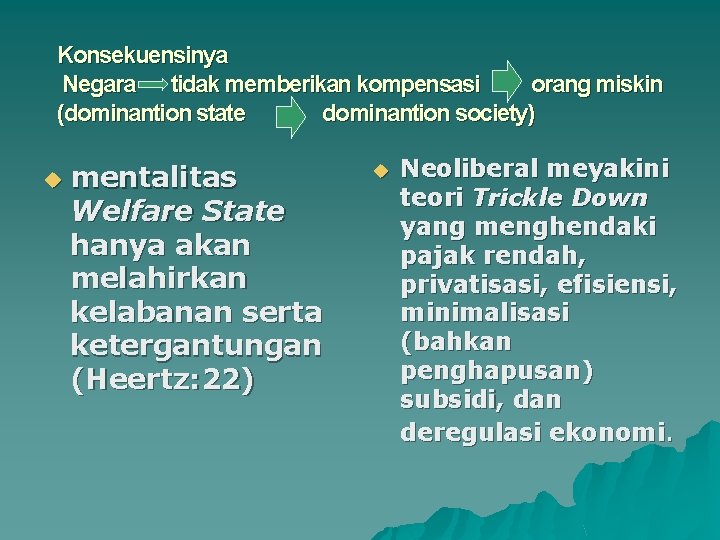 Konsekuensinya Negara tidak memberikan kompensasi orang miskin (dominantion state dominantion society) u mentalitas Welfare