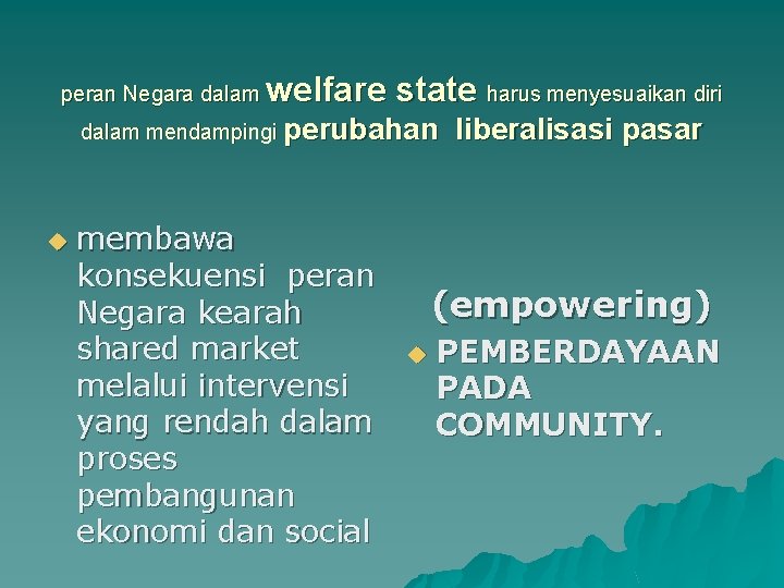 peran Negara dalam welfare state harus menyesuaikan diri dalam mendampingi perubahan liberalisasi pasar u