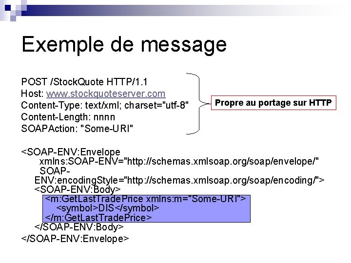 Exemple de message POST /Stock. Quote HTTP/1. 1 Host: www. stockquoteserver. com Content-Type: text/xml;