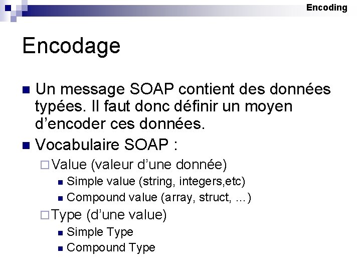 Encoding Encodage Un message SOAP contient des données typées. Il faut donc définir un