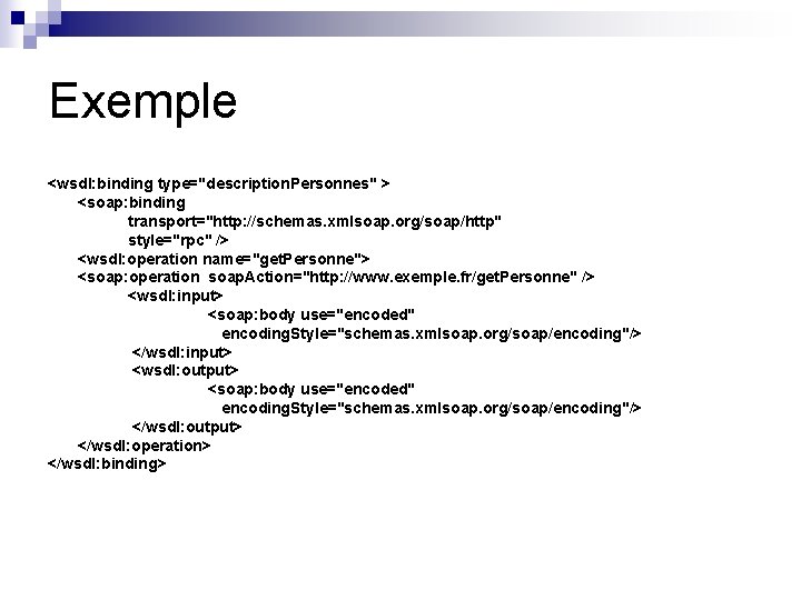 Exemple <wsdl: binding type="description. Personnes" > <soap: binding transport="http: //schemas. xmlsoap. org/soap/http" style="rpc" />