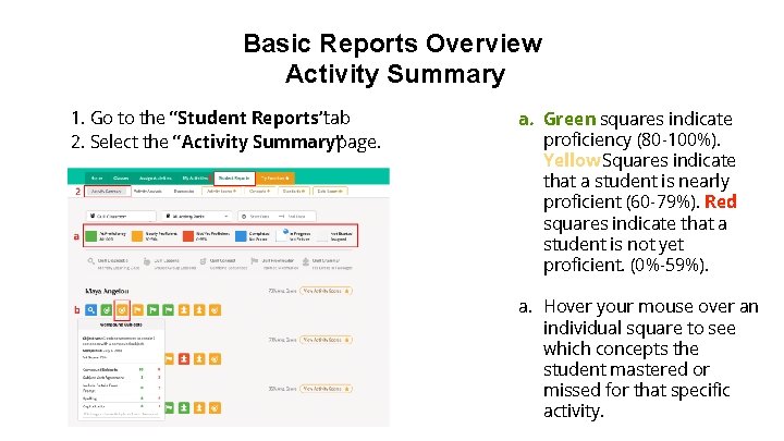 Basic Reports Overview Activity Summary 1. Go to the “Student Reports”tab 2. Select the