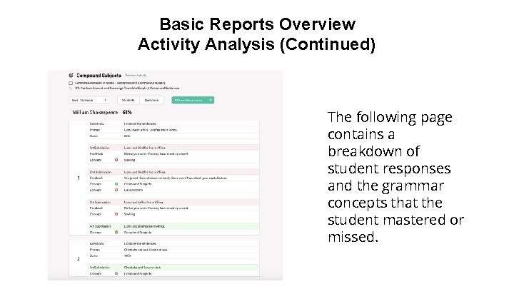 Basic Reports Overview Activity Analysis (Continued) The following page contains a breakdown of student