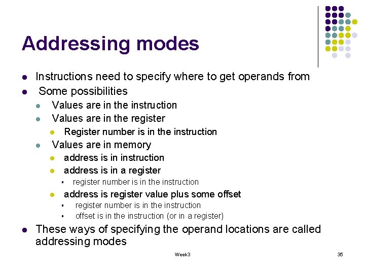 Addressing modes l l Instructions need to specify where to get operands from Some Addressing modes l l Instructions need to specify where to get operands from Some