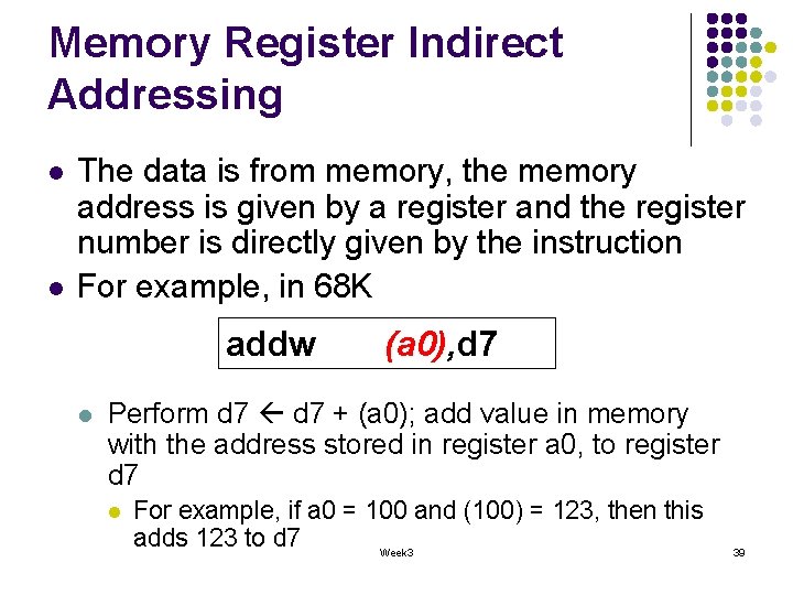 Memory Register Indirect Addressing l l The data is from memory, the memory address