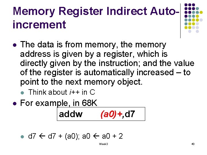 Memory Register Indirect Autoincrement l The data is from memory, the memory address is Memory Register Indirect Autoincrement l The data is from memory, the memory address is