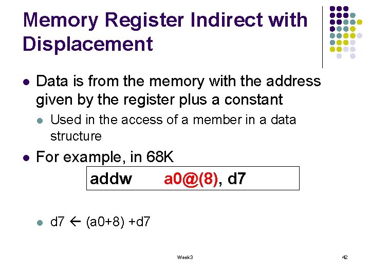 Memory Register Indirect with Displacement l Data is from the memory with the address Memory Register Indirect with Displacement l Data is from the memory with the address