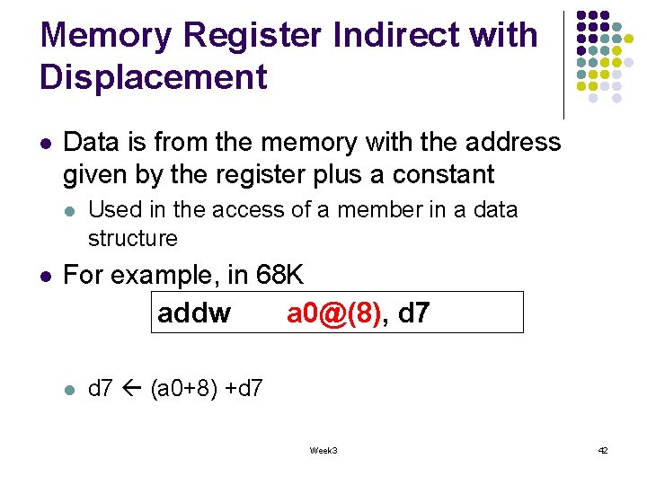 Memory Register Indirect with Displacement l Data is from the memory with the address