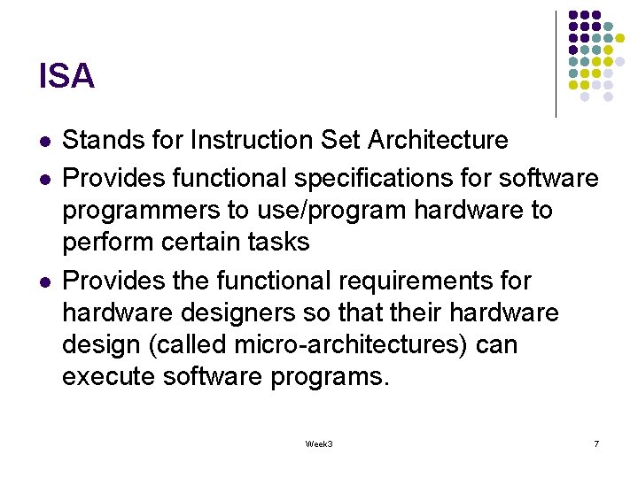 ISA l l l Stands for Instruction Set Architecture Provides functional specifications for software