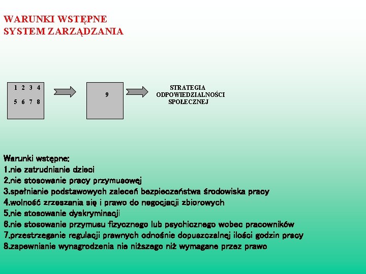 WARUNKI WSTĘPNE SYSTEM ZARZĄDZANIA 1 2 3 4 STRATEGIA 9 ODPOWIEDZIALNOŚCI 5 6 7