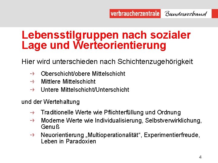 Lebensstilgruppen nach sozialer Lage und Werteorientierung Hier wird unterschieden nach Schichtenzugehörigkeit Oberschicht/obere Mittelschicht Mittlere