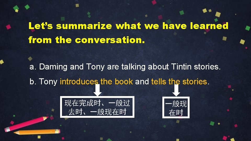Let’s summarize what we have learned from the conversation. a. Daming and Tony are
