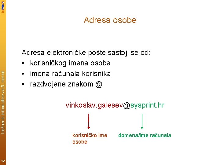 Udžbenik informatike za 5. razred Adresa osobe 12 Adresa elektroničke pošte sastoji se od: