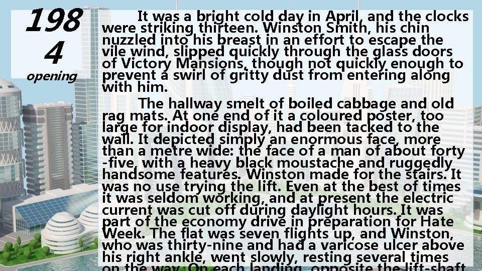 198 4 opening It was a bright cold day in April, and the clocks