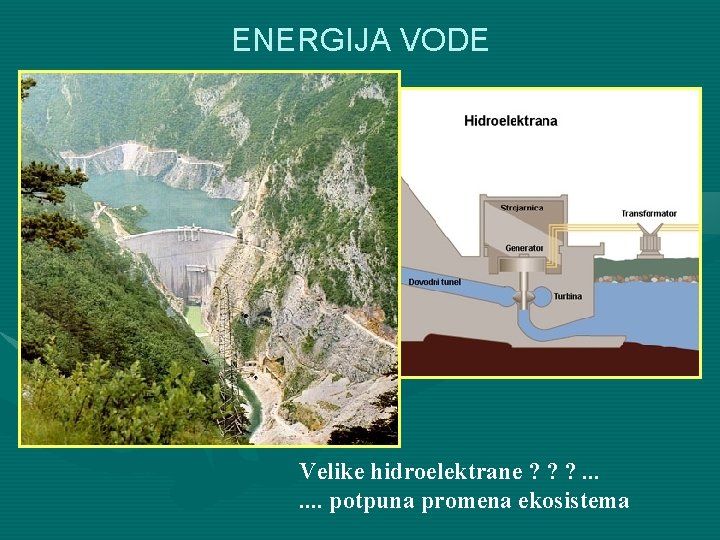 ENERGIJA VODE • • iz kopnenih vodotokova (reka, potoka i sl. ), iz plime