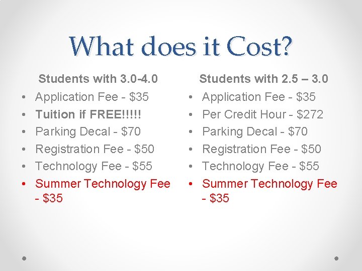 What does it Cost? Students with 3. 0 -4. 0 • • • Application