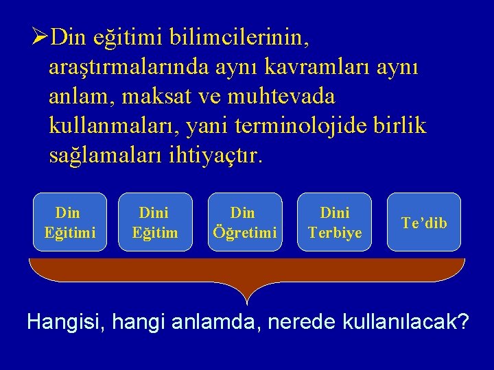 ØDin eğitimi bilimcilerinin, araştırmalarında aynı kavramları aynı anlam, maksat ve muhtevada kullanmaları, yani terminolojide