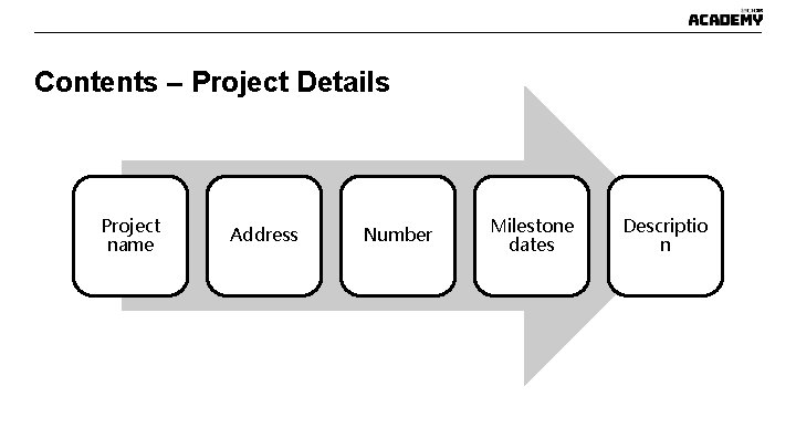 Contents – Project Details Project name Address Number Milestone dates Descriptio n Contents – Project Details Project name Address Number Milestone dates Descriptio n