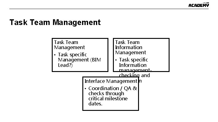 Task Team Management • Task specific Management (BIM Lead? ) Task Team Information Management Task Team Management • Task specific Management (BIM Lead? ) Task Team Information Management