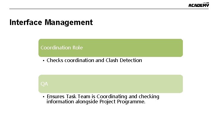 Interface Management Coordination Role • Checks coordination and Clash Detection QA • Ensures Task Interface Management Coordination Role • Checks coordination and Clash Detection QA • Ensures Task