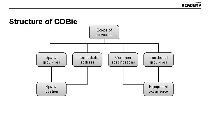 Structure of COBie Scope of exchange Spatial groupings Spatial location Intermediate address Common specifications Structure of COBie Scope of exchange Spatial groupings Spatial location Intermediate address Common specifications