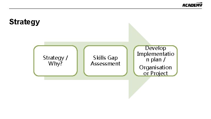Strategy / Why? Skills Gap Assessment Develop Implementatio n plan / Organisation or Project Strategy / Why? Skills Gap Assessment Develop Implementatio n plan / Organisation or Project